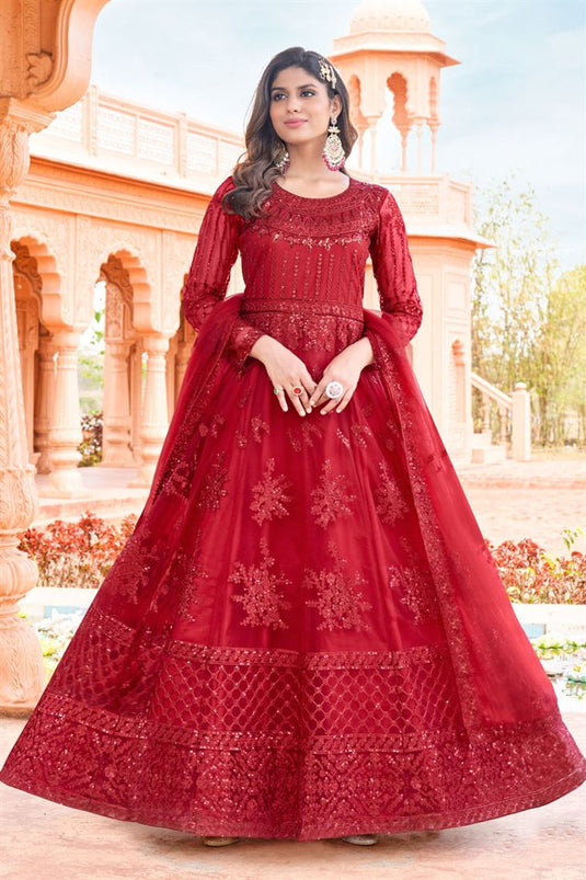 Radiant Red Color Party Look Net Anarkali Suit