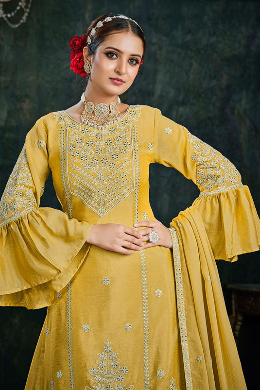 Yellow Color Chinon Fabric Enticing Sharara Top Lehenga For Function