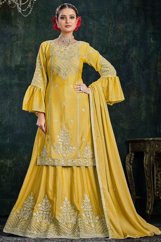 Yellow Color Chinon Fabric Enticing Sharara Top Lehenga For Function