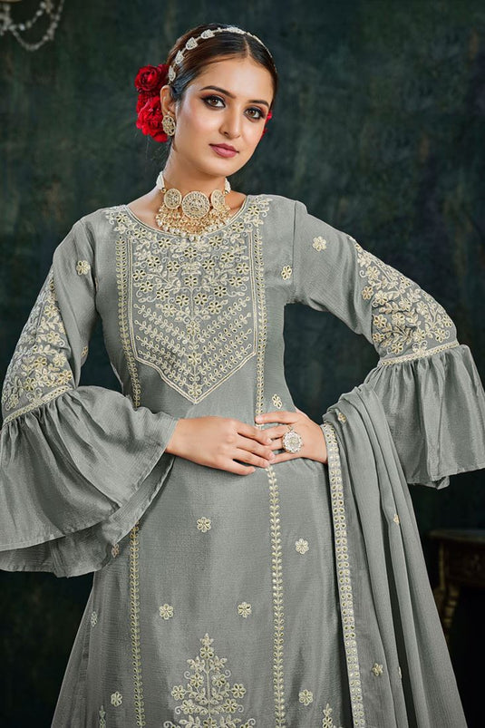 Chinon Fabric Grey Color Graceful Sharara Top Lehenga For Function