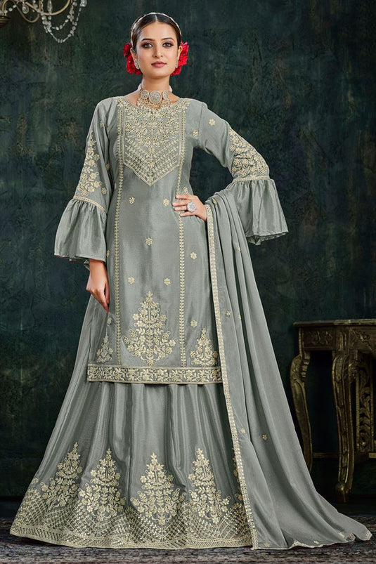 Chinon Fabric Grey Color Graceful Sharara Top Lehenga For Function