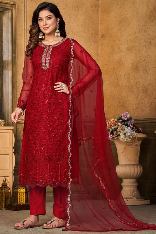 Red Color Beauteous Festive Look Net Fabric Salwar Suit