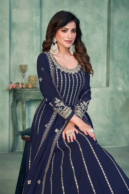 Navy Blue Color Party Wear Embroidered Anarkali Salwar Suit In Georgette Fabric