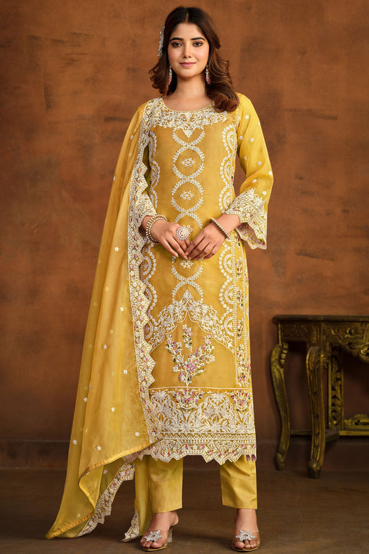 Yellow Color Embroidered Organza Fabric Designer Salwar Kameez