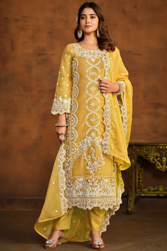 Yellow Color Embroidered Organza Fabric Designer Salwar Kameez