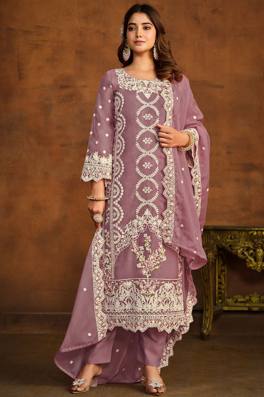 Lavender Color Organza Fabric Designer Embroidered Salwar Suit