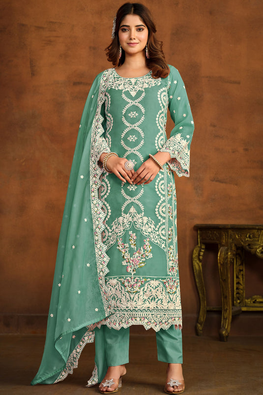 Organza Fabric Function Wear Sea Green Embroidered Designer Suit