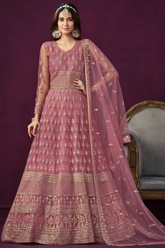 Net Fabric Fancy Embroidered Long Anarkali Salwar Kameez In Pink Color