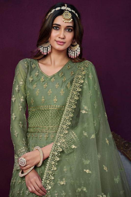 Sea Green Color Embroidered Long Anarkali Salwar Suit In Net Fabric