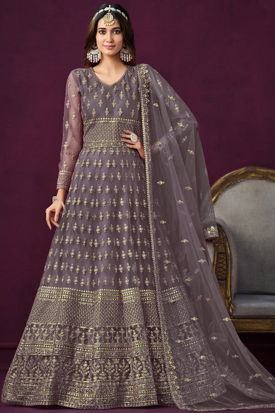 Lavender Color Embroidered Long Anarkali Suit In Net Fabric