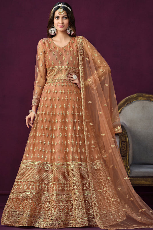 Peach Color Embroidered Long Anarkali Salwar Kameez In Net Fabric