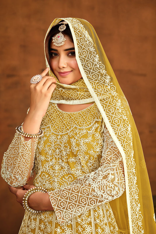 Net Fabric Fancy Embroidered Festive Wear Anarkali Salwar Kameez In Yellow Color