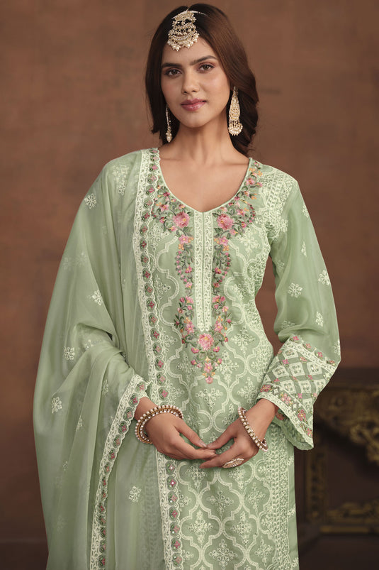 Sea Green Color Organza Fabric Beautiful Festive Wear Salwar Suit With Embroidered Work