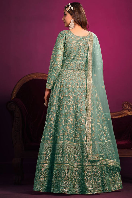 Sangeet Special Sea Green Color Net Anarkali Suit with Dazzling Sequins Work