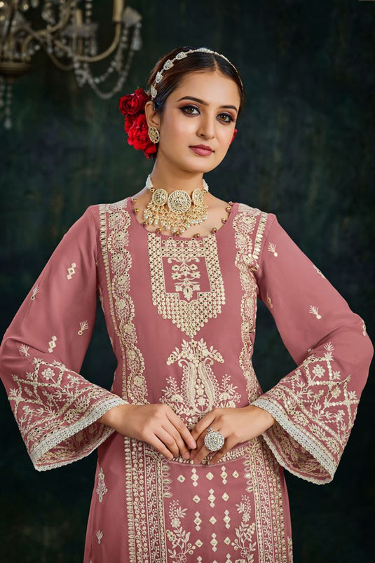 Sangeet Wear Pink Color Georgette Palazzo Suit With Dazzling Embroidered Work