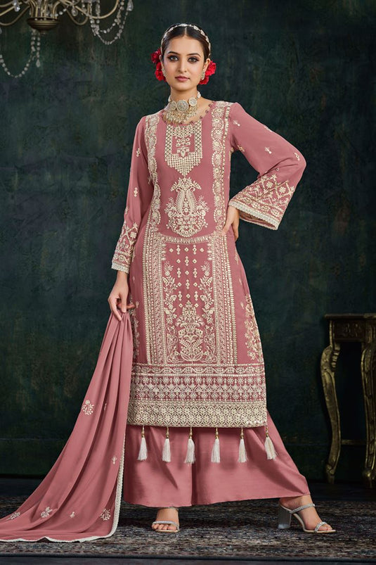 Sangeet Wear Pink Color Georgette Palazzo Suit With Dazzling Embroidered Work