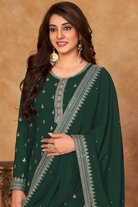 Captivating Function Wear Georgette Fabric Palazzo Suit In Dark Green Color