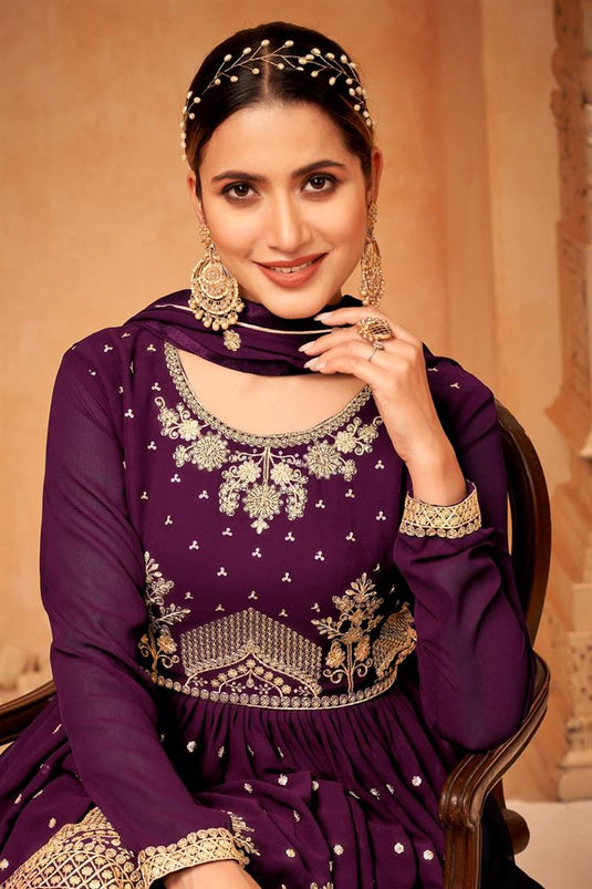 Purple Color Fantastic Georgette Fabric Sangeet Wear Sharara Suit