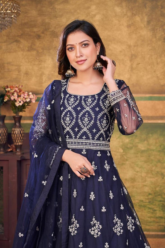 Incredible Net Fabric Navy Blue Color Function Look Anarkali Suit