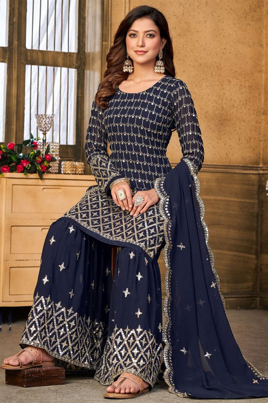 Gorgeous Georgette Navy Blue Color Sharara Suit with Shimmering Sequins Work