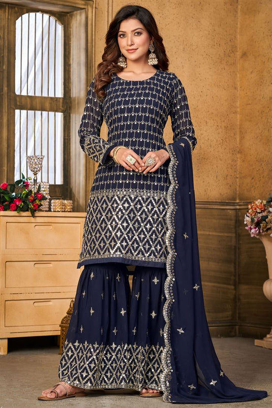 Gorgeous Georgette Navy Blue Color Sharara Suit with Shimmering Sequins Work