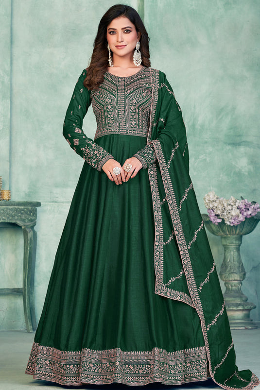 Green Color Festive Wear Embroidered Long Anarkali Salwar Kameez In Art Silk Fabric