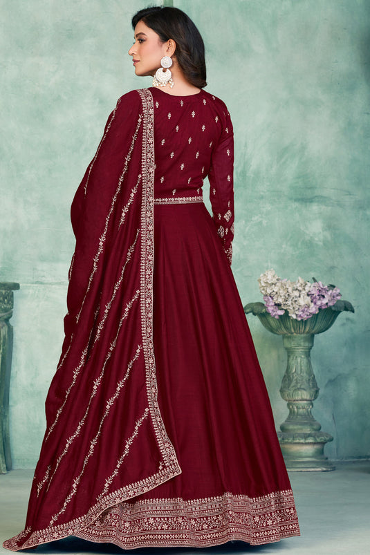 Embroidered Sangeet Wear Long Anarkali Salwar Kameez In Art Silk Fabric Maroon Color