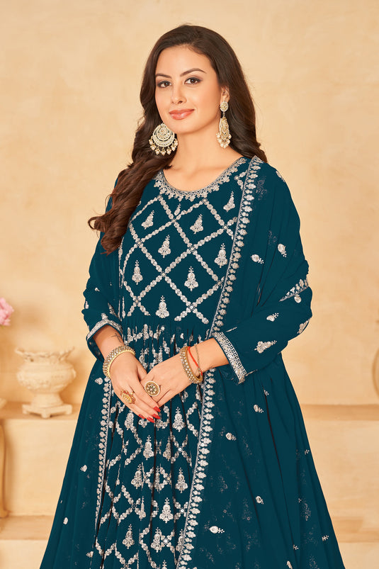 Teal Color Festive Wear Embroidered Long Anarkali Salwar Suit In Georgette Fabric