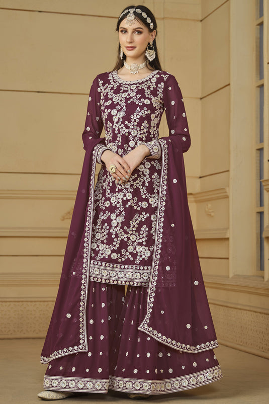 Charming Wine Color Georgette Fabric Party Look Palazzo Suit