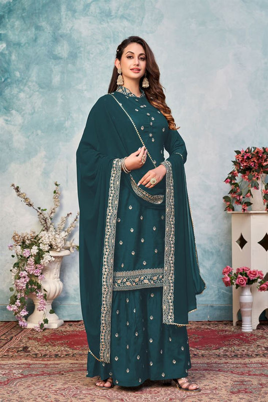 Function Wear Art Silk Fabric Palazzo Suit In Teal Color