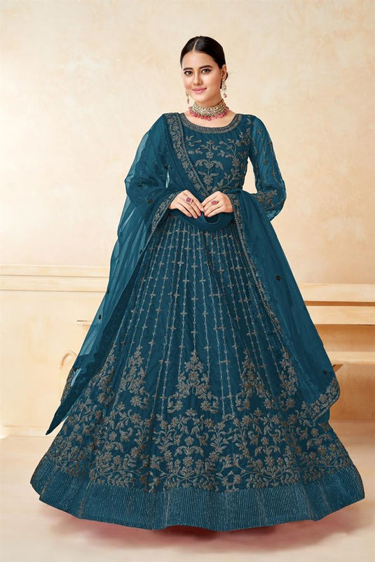 Excellent Net Fabric Teal Color Sangeet Wear Anarkali Suit