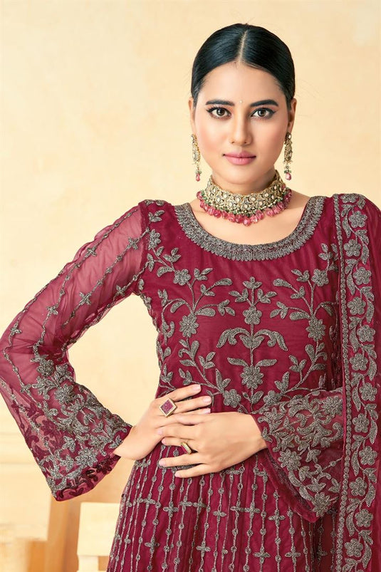 Net Fabric Maroon Color Supreme Sangeet Wear Anarkali Suit