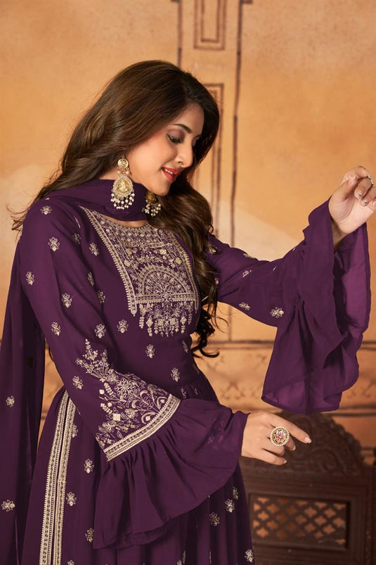 Radiant Purple Color Georgette Fabric Embroidered Palazzo Suit