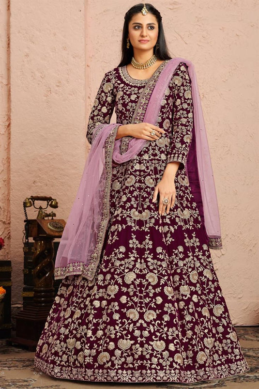 Purple Color Festive Wear Embroidered Velvet Fabric Designer Anarkali Suit