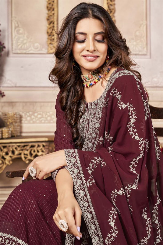 Georgette Fabric Maroon Color Glamorous Embroidered Salwar Suit