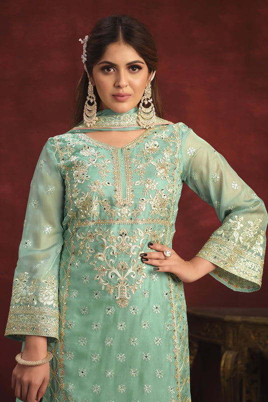 Organza Fabric Party Wear Sea Green Color Embroidered Designer Long Suit