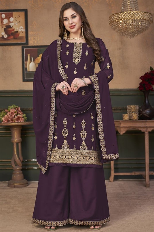 Georgette Fabric Festive Wear Embroidered Glamorous Palazzo Suit In Purple Color