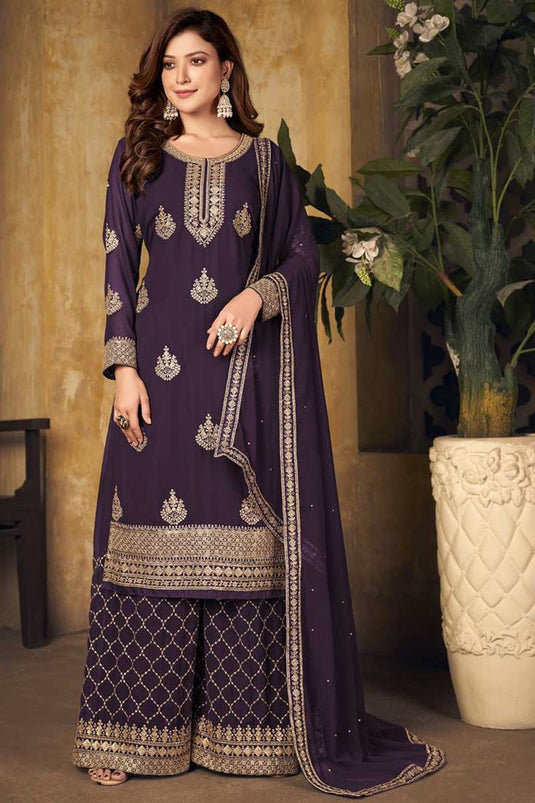 Elegant Purple Color Georgette Fabric Function Wear Palazzo Suit With Embroidered Work