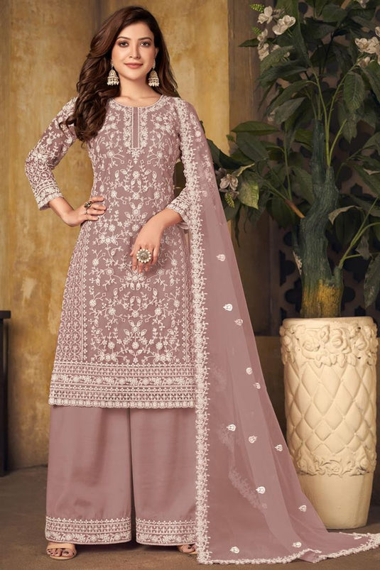 Soothing Chikoo Color Festival Wear Palazzo Suit With Embroidered Work