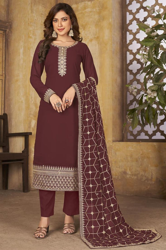 Maroon Color Embroidered Engrossing Salwar Suit In Georgette Fabric