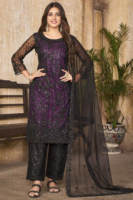 Brilliant Net Fabric Purple Color Embroidered Work Salwar Suit