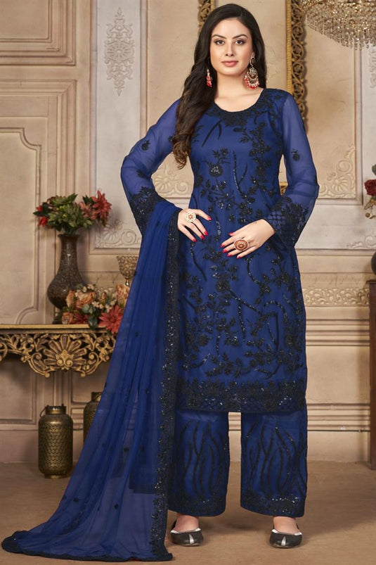 Blue Color Embellished Festival Wear Palazzo Suit In Net Fabric