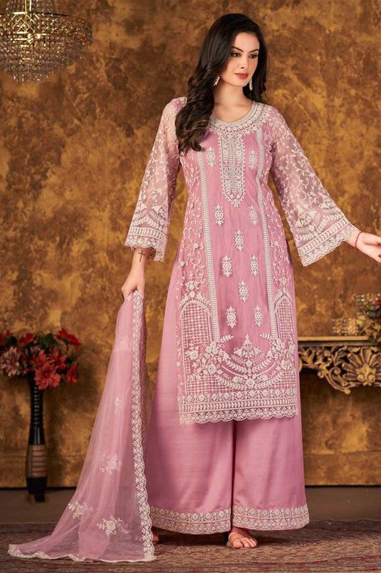 Pink Color Net Fabric Alluring Embroidered Palazzo Suit