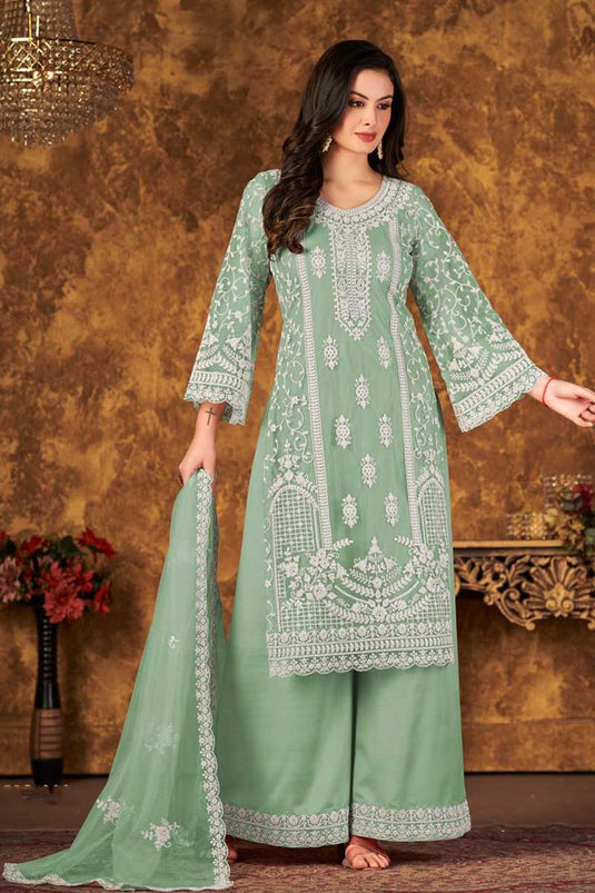 Net Fabric Sea Green Color Embroidered Elegant Palazzo Suit