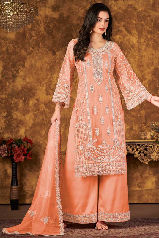 Peach Color Net Fabric Embroidered Vintage Palazzo Suit