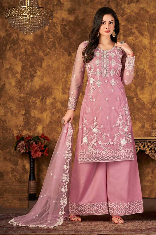 Fascinating Embroidered Work Net Fabric Palazzo Suit In Pink Color