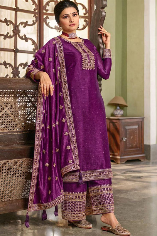 Purple Color Georgette Fabric Function Wear Embroidered Work Chic Palazzo Suit Featuring Prachi Desai