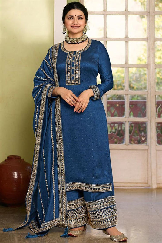 Georgette Fabric Embroidered Work Function Wear Wonderful Palazzo Suit Featuring Prachi Desai In Blue Color