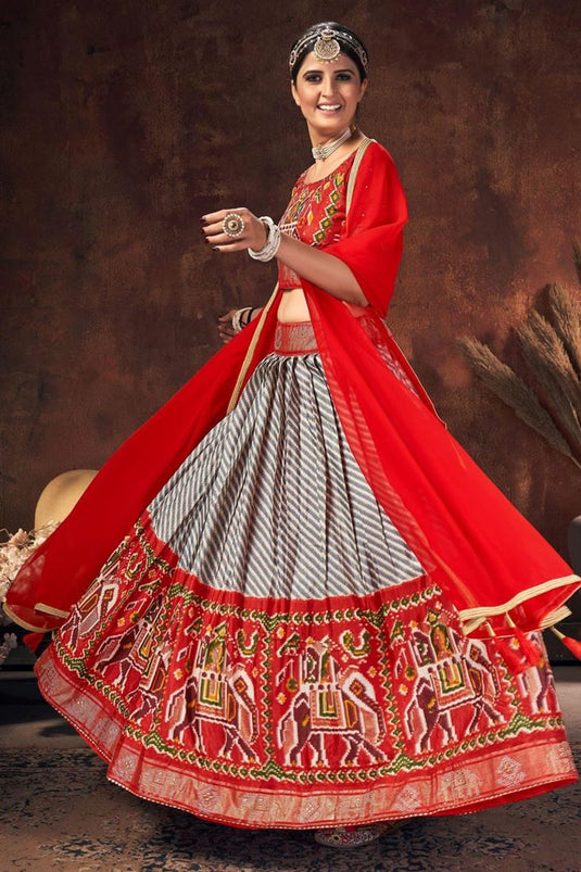 Red Color Digital Patola Printed Designs On Art Silk Fabric Sangeet Wear Mesmerizing Lehenga