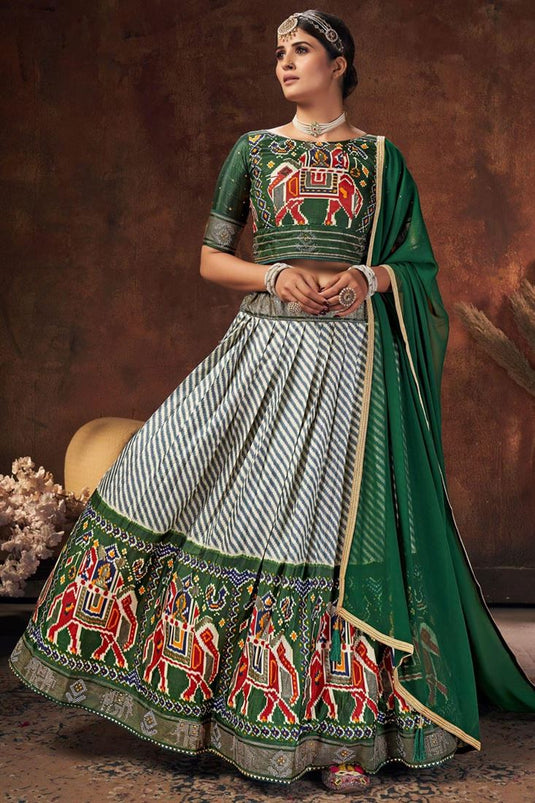 Green Color Art Silk Fabric Sangeet Wear Aristocratic Lehenga With Digital Patola Printed Work